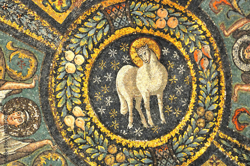 Ancient byzantine mosaic of the lamb of god