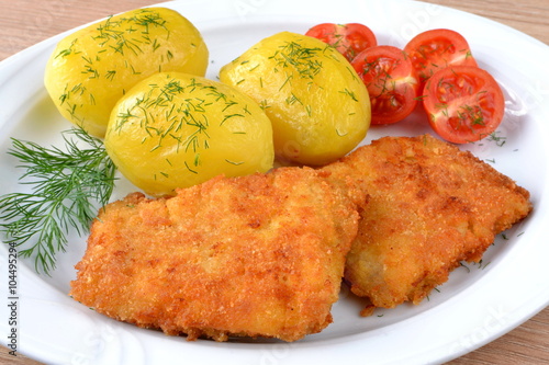 ryba smażona z ziemniakami i pomidorem