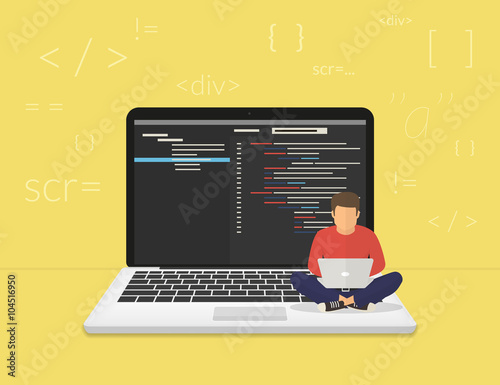 Man is sitting on the big laptop and working. Flat modern illustration of young programmer coding a new project using computer