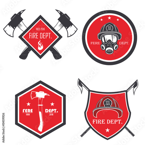 Set of firefighter emblems, labels, badges and logos on light background. vector illustration