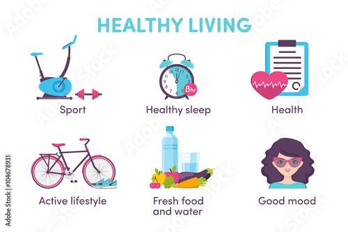 Icons healthy living, sport, food, clock, woman portrait