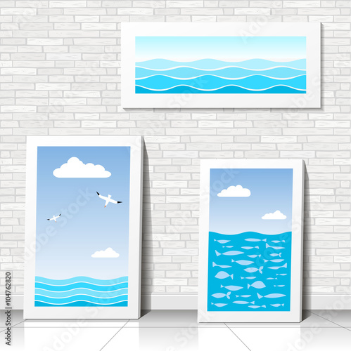 Pictures of sea and sky in the background of a brick wall