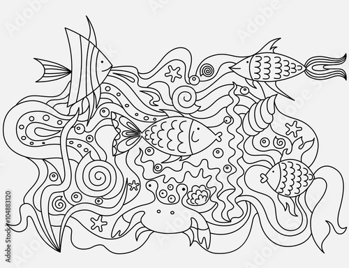 Рисунок дудл с набором морских животных и растений.