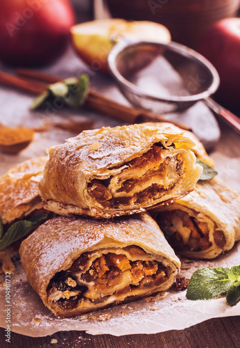 Sliced homemade apple strudel