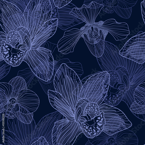 Orchid engraving seamless pattern on blue background