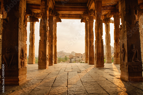 Beautiful architecture of ancient ruines of temple in Hampi