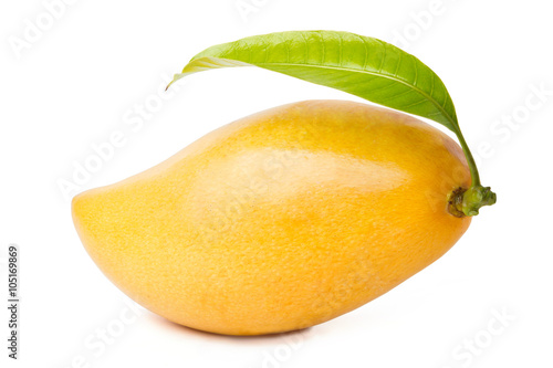 Delicious ripe Mango fruit with green leaf isolated white background