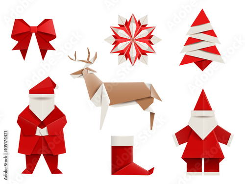 Realistic origami, Christmas set: Santa, deer, christmas tree, snowflake and so. Vector illustration, eps10, isolated on white.