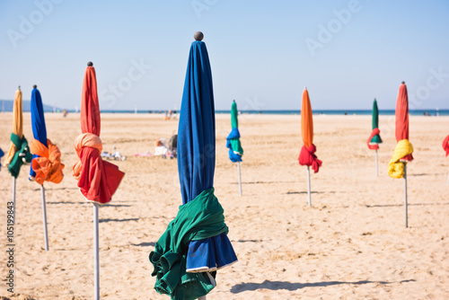 The famous colorful parasols on Deauville beach