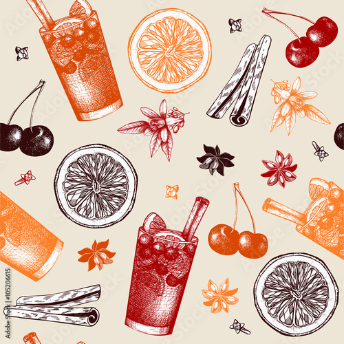 Vector pattern with vintage alcoholic cocktails sketch. Ink hand drawn sangria and ingredients background for bar or restaurant menu