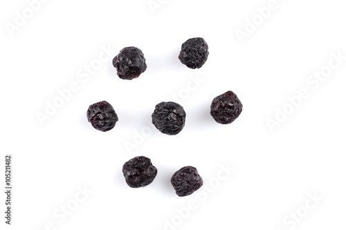 Dried blueberries on white background