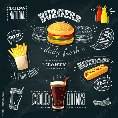 Chalkboard fastfood ADs - hamburger, french fries and hotdog. Vector illustration, eps 10.