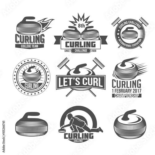 Curling sport badges set