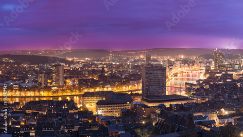 Panorama evening view of the city Liege in belgium from montagne de beuren.