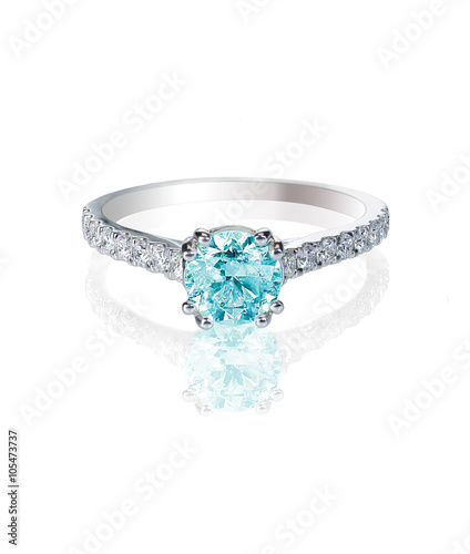 Blue Diamond engagment wedding ring colored diamond stone isolated on white