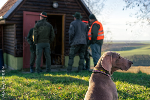 Group of hunters gather before a hunt. Focus on hunting dog in front.
