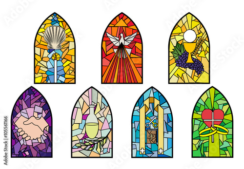 Symbols of the seven sacraments of the Catholic Church on stained glass church windows