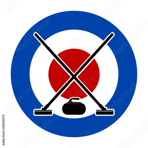 Brooms and stone for curling on Curling House. Vector illustrati