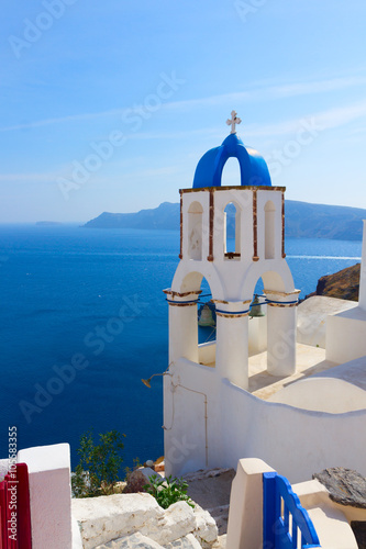 view of caldera with stairs and belfry, Santorini