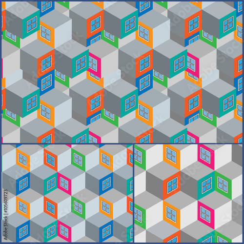 Set colorful flat isometric city seamless pattern. Vector illustration.