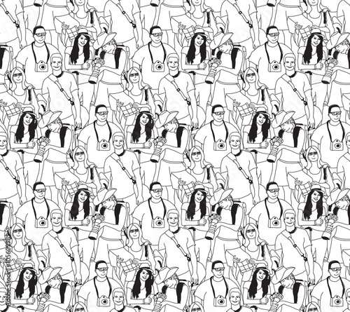 Tourism crowd people black and white seamless pattern. 