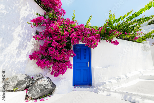 Traditional greek house with bougainvillaea on Santorini island,