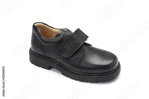 Boys black school shoe on a white background