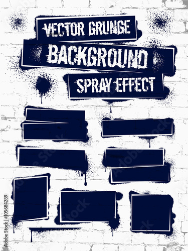 Various Spray paint graffiti on brick wall. Frame with black ink blots. Spray grunge background.