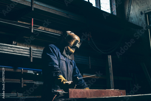 Welder with mask in workplace