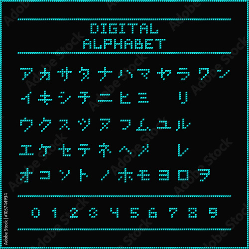 Digital alphabet. Font of the blue dots - katakana letters. Vector illustration 10 EPS