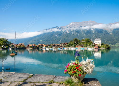 Scenery of fishing village on lake Brienz, Switzerland. 
