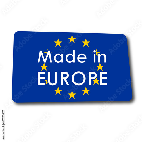 Icono plano MADE IN EUROPE en rectangulo con badera Europa y sombra