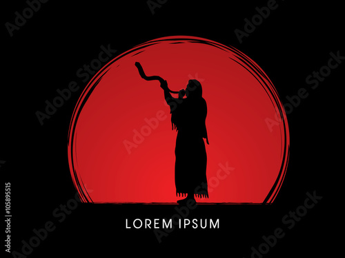 A Man Blowing the shofar , designed on sunset background graphic vector.