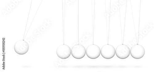 Sieben weiße Vektor 3D Pendel in einer Reihe - Kugelstoßpendel, Newtonpendel, Kugelpendel, Newton-Wiege auf weißem Hintergrund - White and Blank Pendulum, Newton's Cradle - Newton.