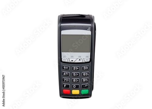 Payment terminal isolated on white. Front panel texture for obje