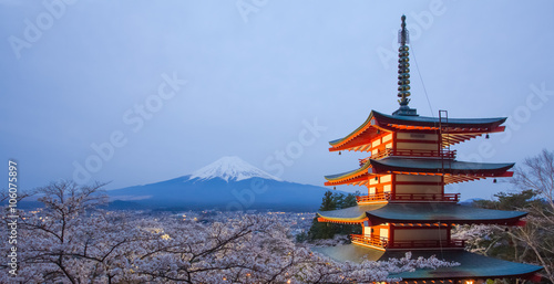 Mountain Fuji and red pagoda in cherry blossom sakura season