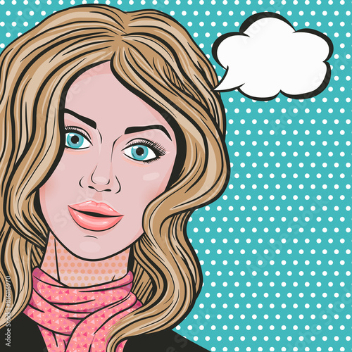 Vector pop art cute young woman with thought bubble for text, happy woman nature smile in comics style 