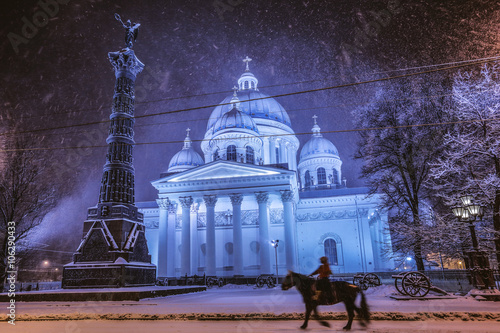 Night snowfall in St. Petersburg, Russia (Tritity cathedral) 