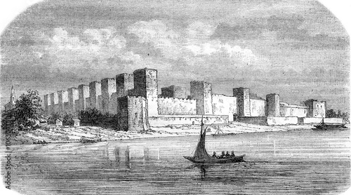 Fortress Semendria, on the Danube, vintage engraving.