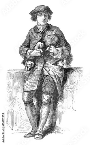 The Merchant of dogs and cats, in 1774, vintage engraving.