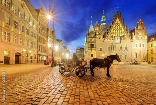 Horse carriages at market square in Wroclaw. Poland
