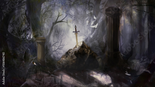 sword in a stone in a forest