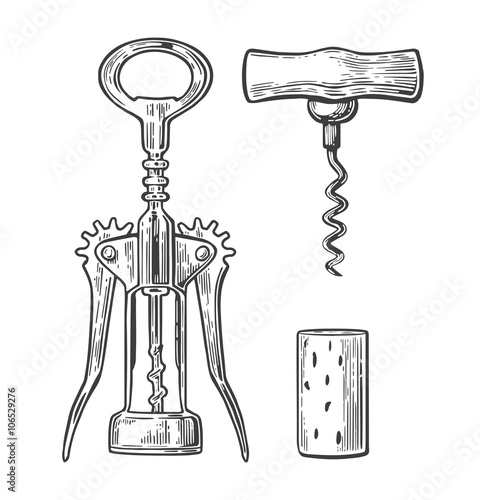 Wing corkscrew, basic corkscrew and cork. Black vintage engraved vector illustration isolated on white background. For label, poster, web.