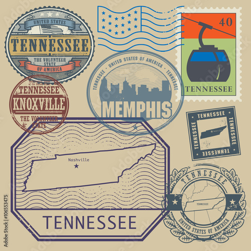 Stamp set with the name and map of Tennessee, United States