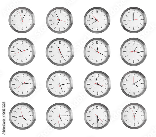 Collage of round wall clocks, isolated on white