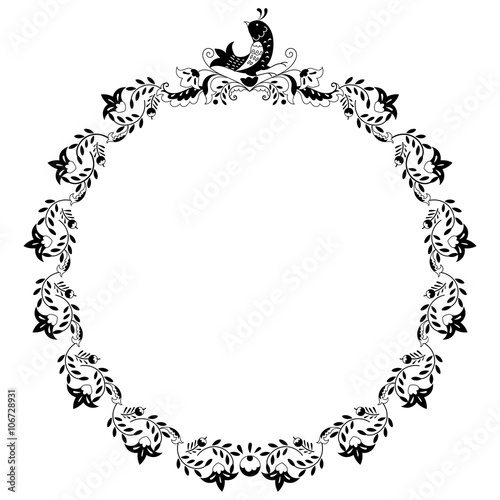 Round black and white border frame with doodle flowers and bird. Can be used for decoration and design photo frame, menu, card, scrapbook, album. Vector Illustration