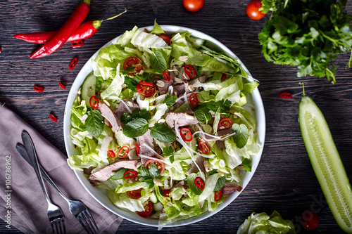 Asian beef salad with cucumber, lettuce and chilli