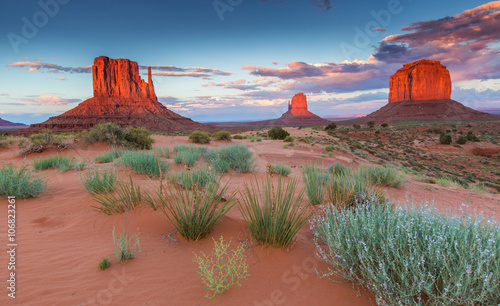 Monument Valley, Arizona, scenery, profiled on sunset sky