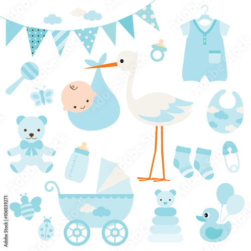 Vector illustration for baby boy shower and baby items.