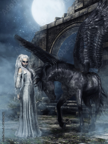 Czarny koń ze skrzydłami i księżniczka elfów na tle ruin zamku